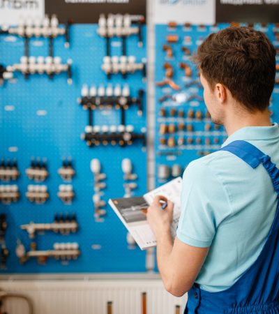 Plumber at showcase with valves and pipe equipment Plumber at showcase with valves and pipe equipment